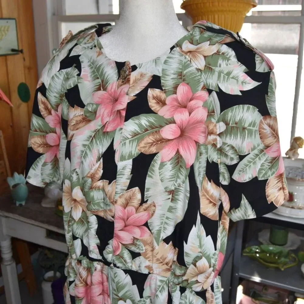 Vintage 90s Jessica Howard Tropical Rayon Dress XL 16 Hawaiian Floral USA